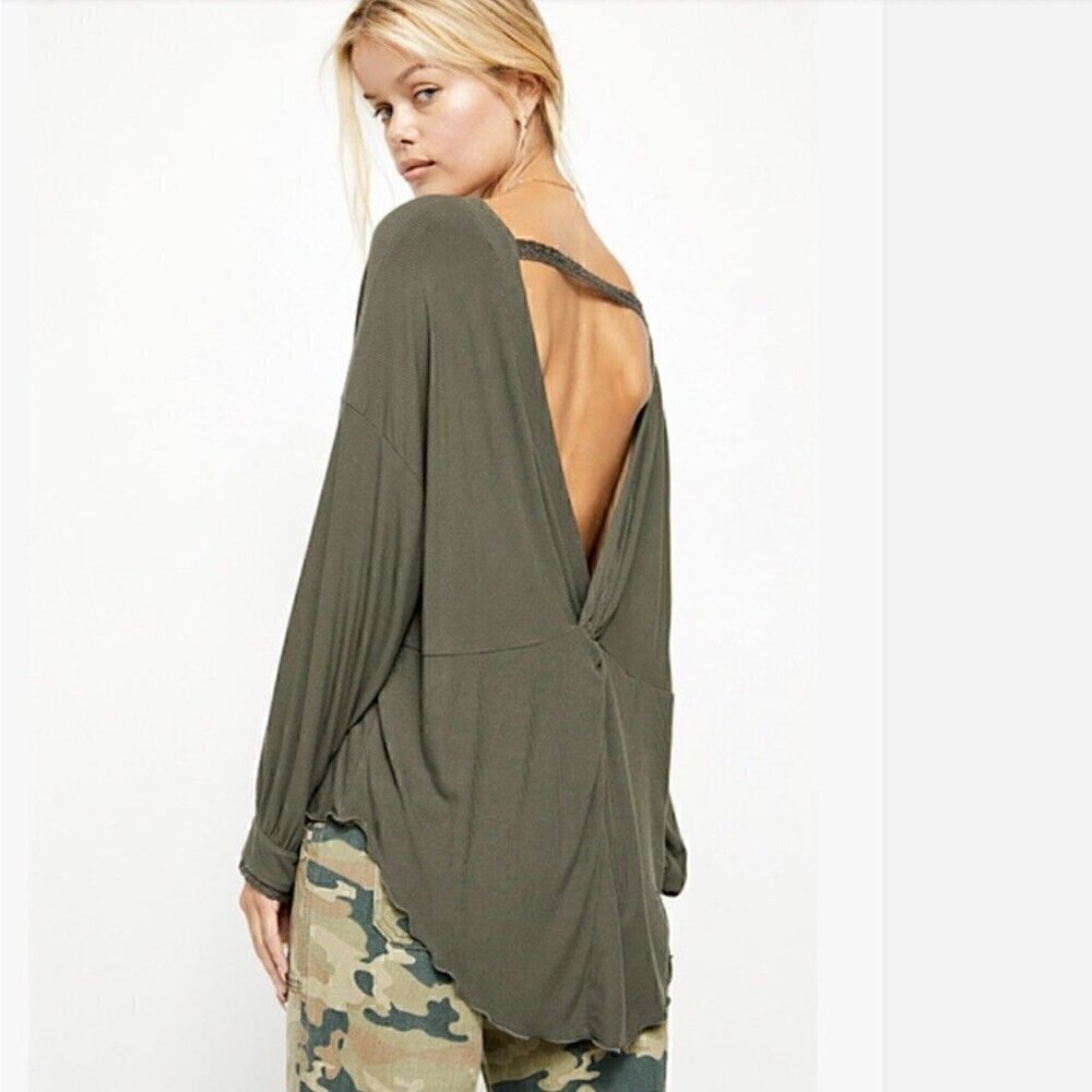 Free People Shimmy Shake Top XS Low Open Back Army Green Slouchy Dolman Boho